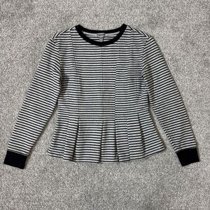 Chelsea28 Sweater Womens Small Gray Black Striped Pleated Peplum Knit Crewneck